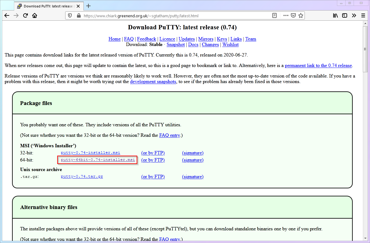 PuTTY official download page showing different versions available