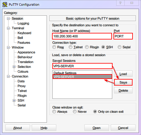 PuTTY main interface with IP address and port configuration fields