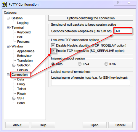PuTTY connection settings showing keepalive configuration to prevent disconnection