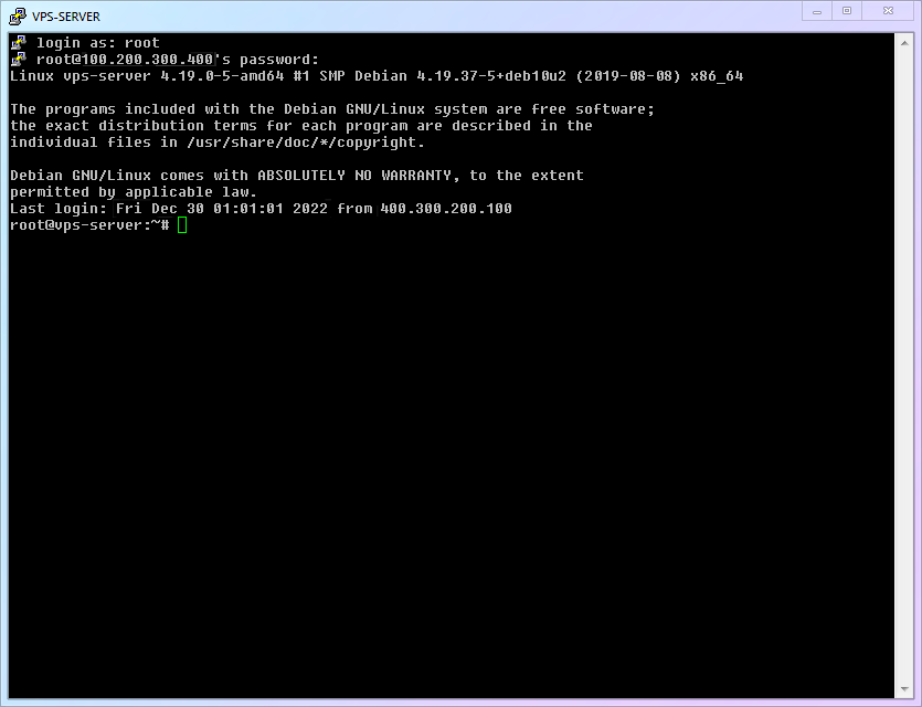 Successful SSH connection showing cloud server welcome message and command prompt