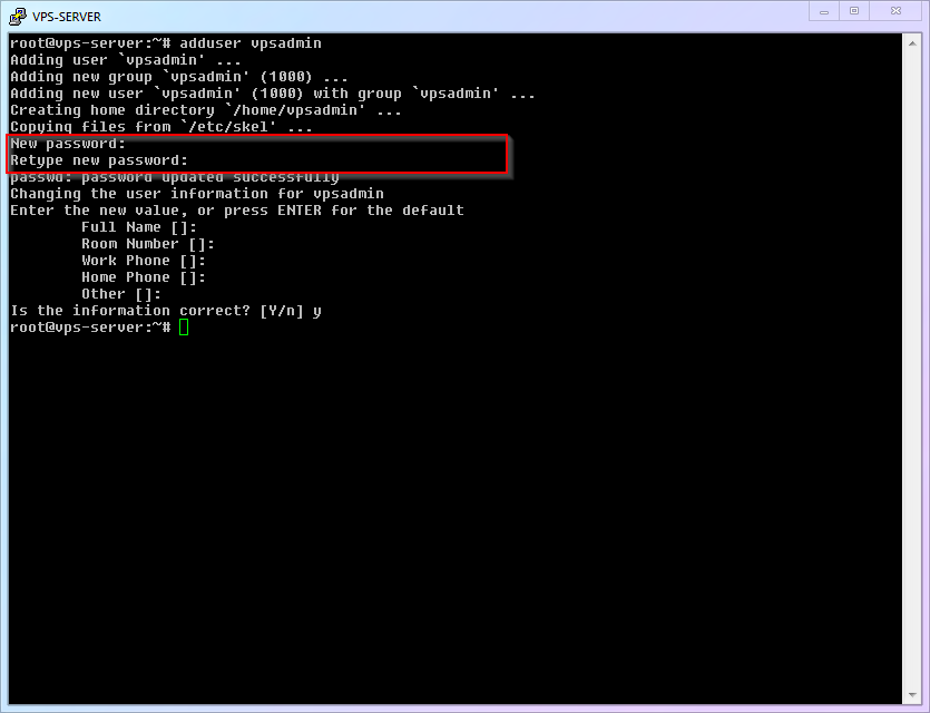 Creating new user account with adduser command showing username and password setup