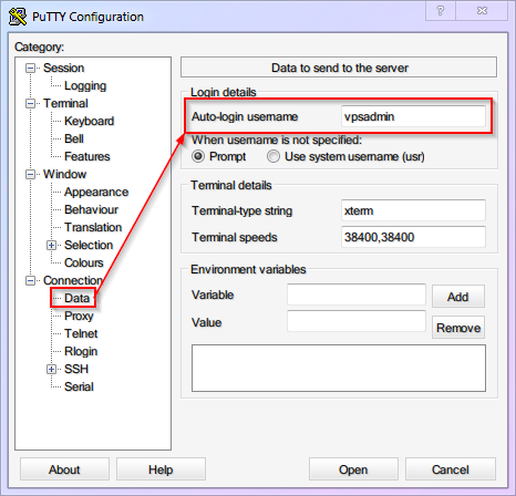 PuTTY configuration showing how to set default username for automatic login
