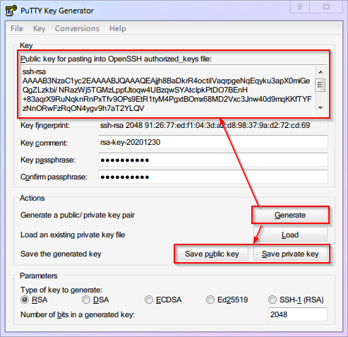 PuTTYgen interface showing RSA key generation with save options