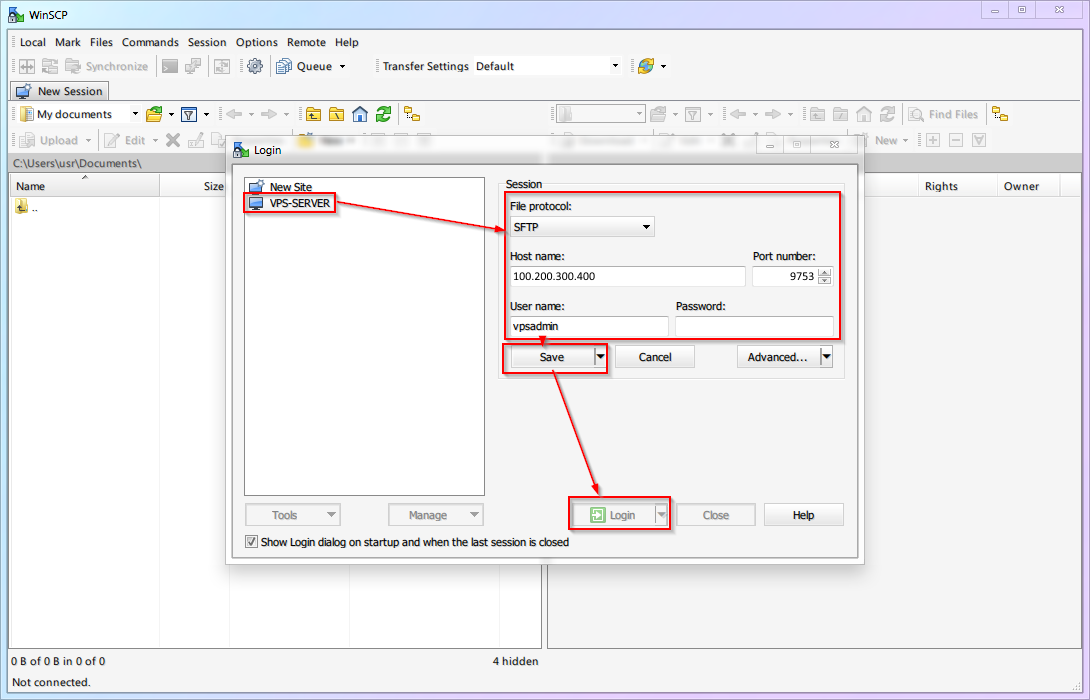 WinSCP login interface showing connection settings and authentication options