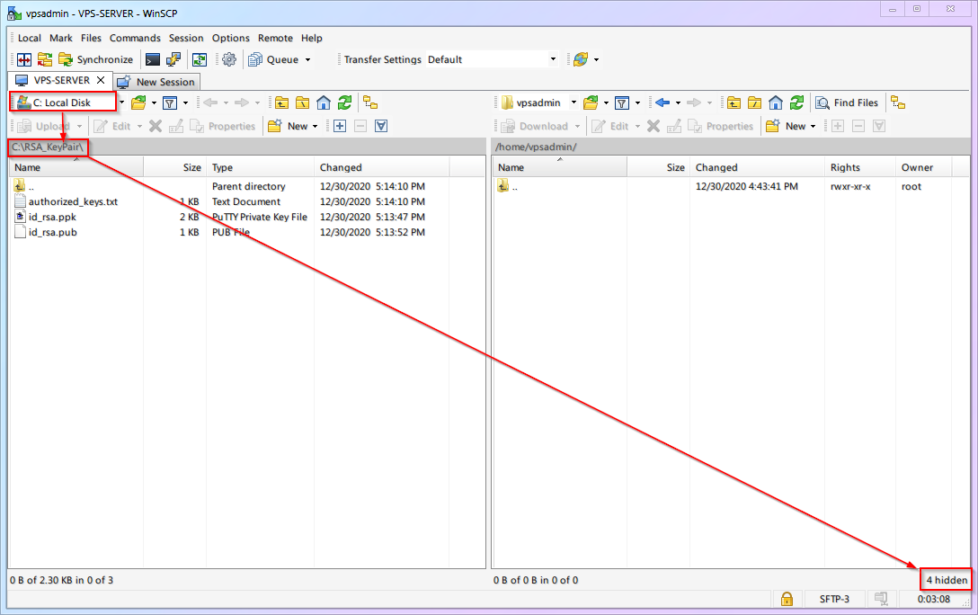WinSCP dual-pane interface showing local and remote file system navigation