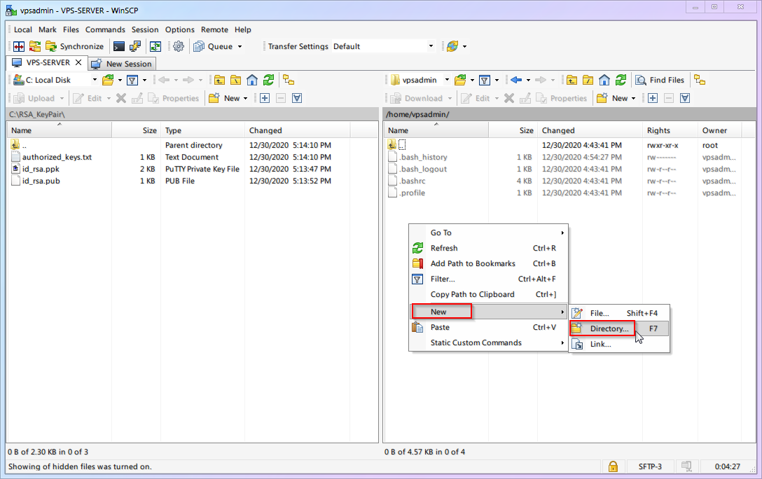 WinSCP interface showing creation of .ssh directory for SSH key storage