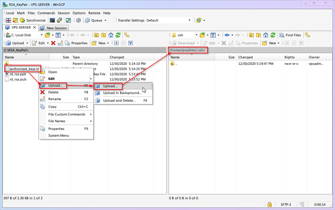 WinSCP file upload process showing authorized_keys file transfer