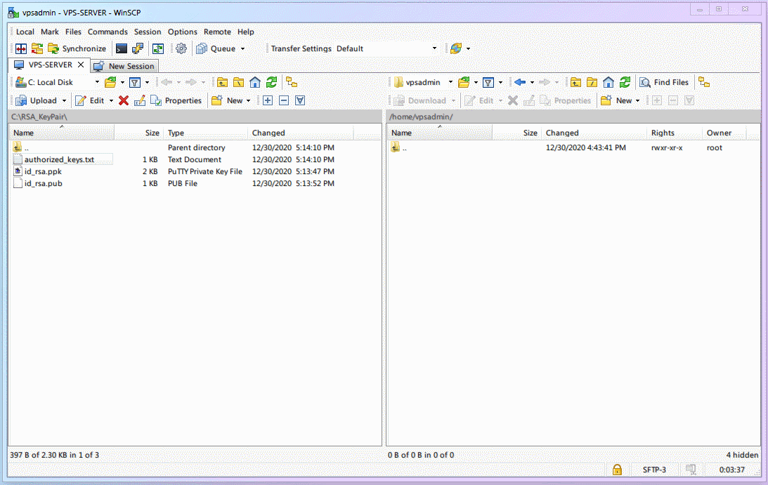Complete WinSCP workflow demonstration for SSH key setup and file management