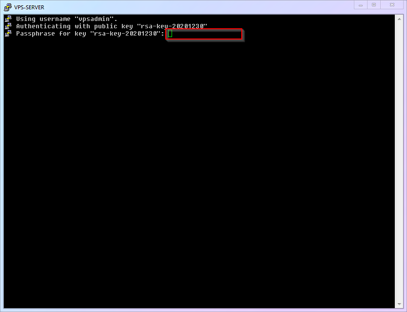 PuTTY login window requesting private key passphrase for authentication