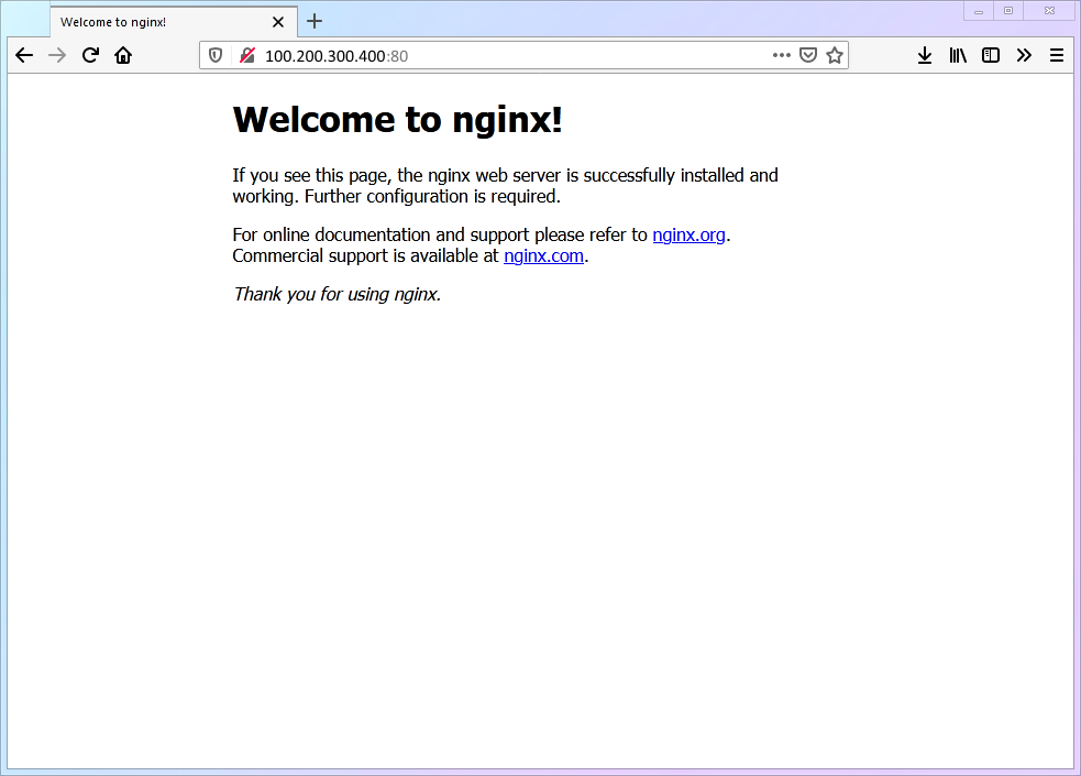 Nginx default welcome page showing successful web server installation