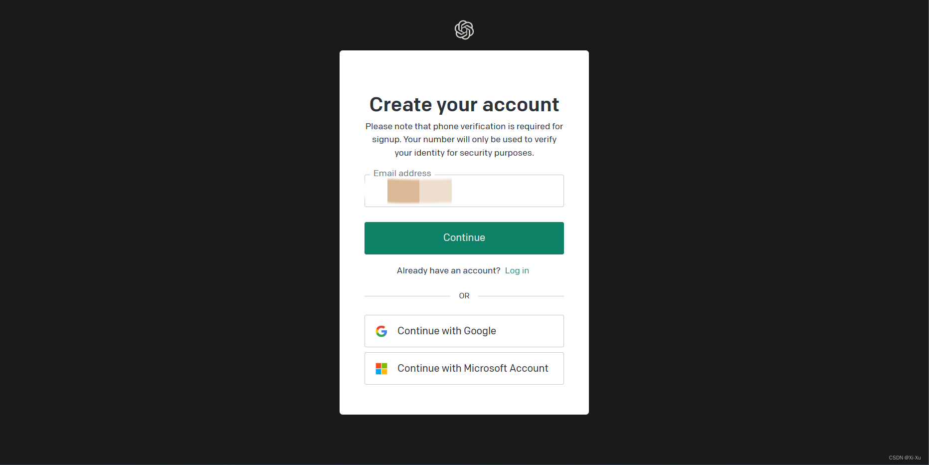 OpenAI account registration page with email address input field