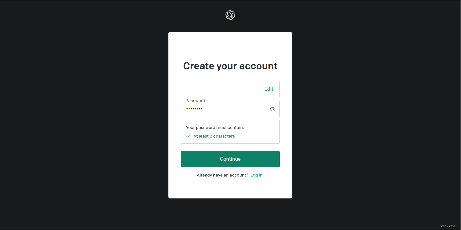 OpenAI password creation page with password input field