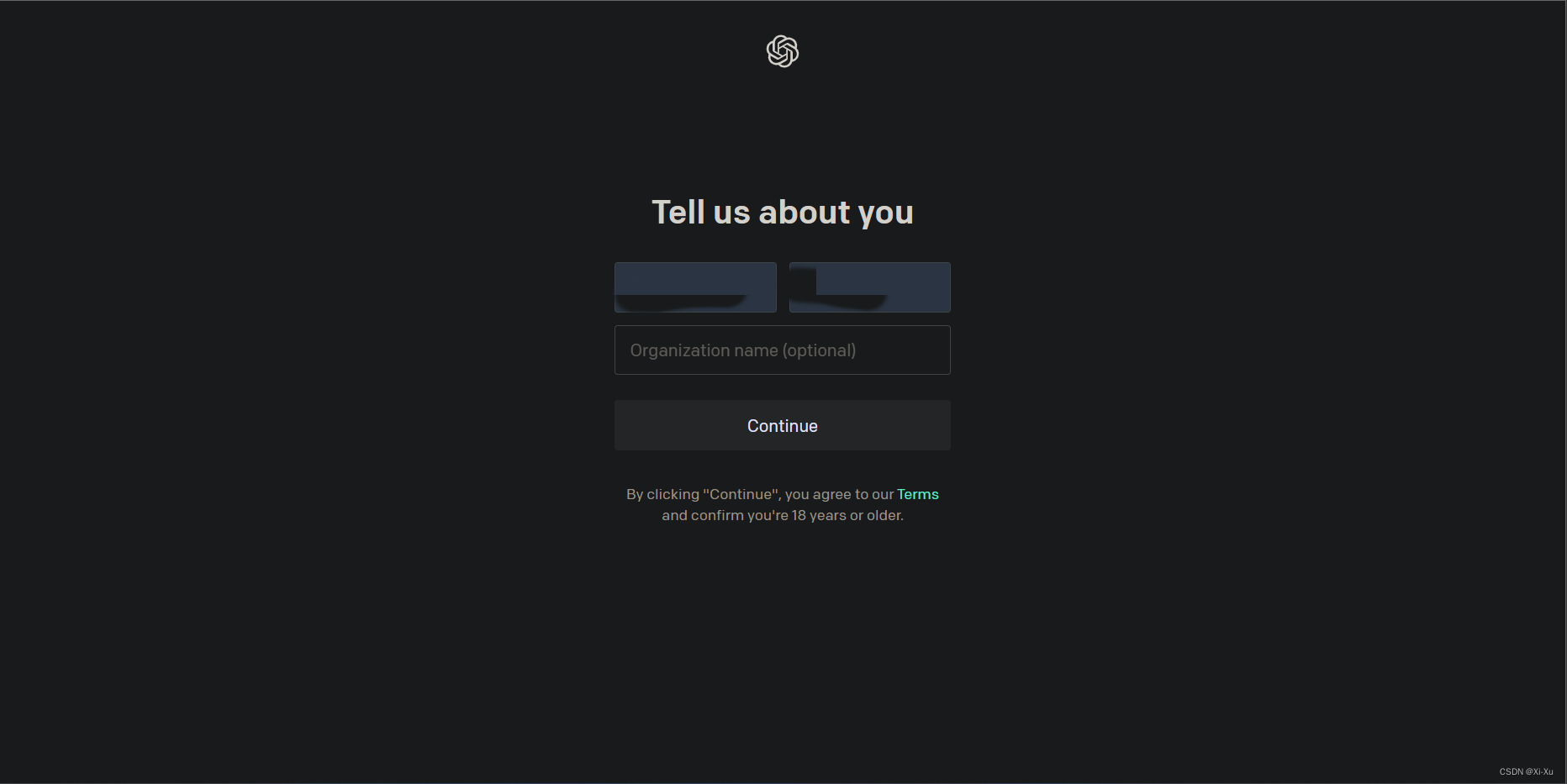 OpenAI personal information page with first name and last name input fields
